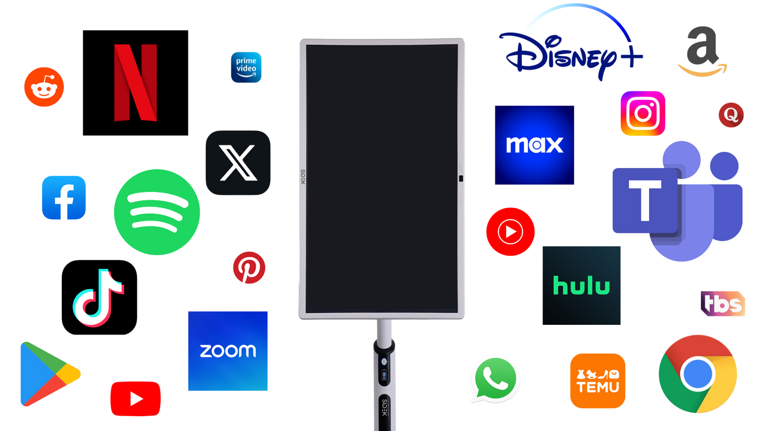 modern designed TV on which you can use any  android apps like netflix, primevideo, facebook, spotify, tiktok, zoom, youtube, google, hulu, temu, whatsapp, tbs, chrome, amazon, hbo max, disney plus, instagram, teams 