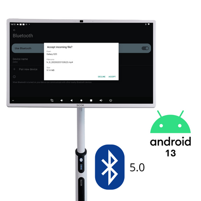 sidek itv smart display running android 13, showcasing bluetooth 5.0 file transfer functionality. the screen displays an incoming file request from a galaxy s20, emphasizing seamless connectivity and wireless sharing capabilities. the sleek design includes a digital control panel on the stand for easy operation.