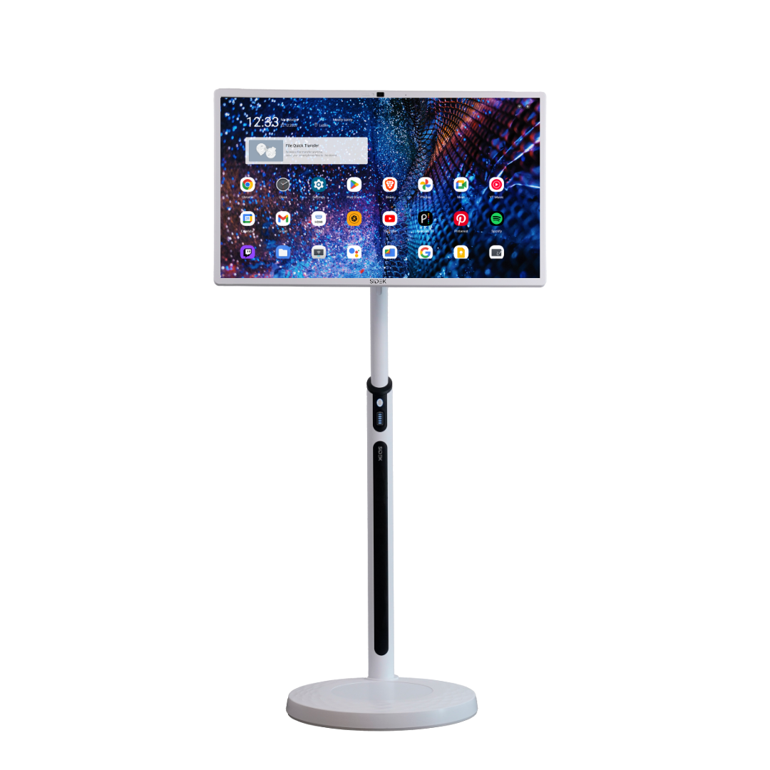 smart tablet display with a sleek white stand, featuring a large high-resolution touchscreen running an android-based interface with multiple app icons. the device includes a built-in control panel for easy navigation and offers an interactive experience for various applications.