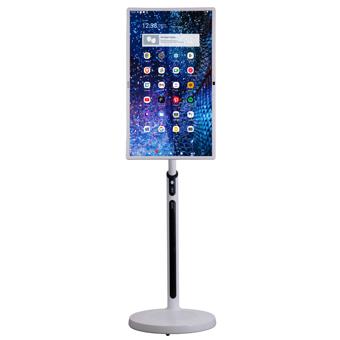 smart tablet display with a sleek white stand, featuring a large high-resolution touchscreen running an android-based interface with multiple app icons. the device includes a built-in control panel for easy navigation and offers an interactive experience for various applications.