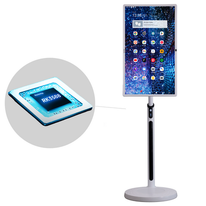 sidek itv smart display with a rockchip rk3588 processor, featuring a sleek white stand and a high-resolution touchscreen interface with multiple app icons. the image highlights the advanced chipset, enhancing performance and processing power.