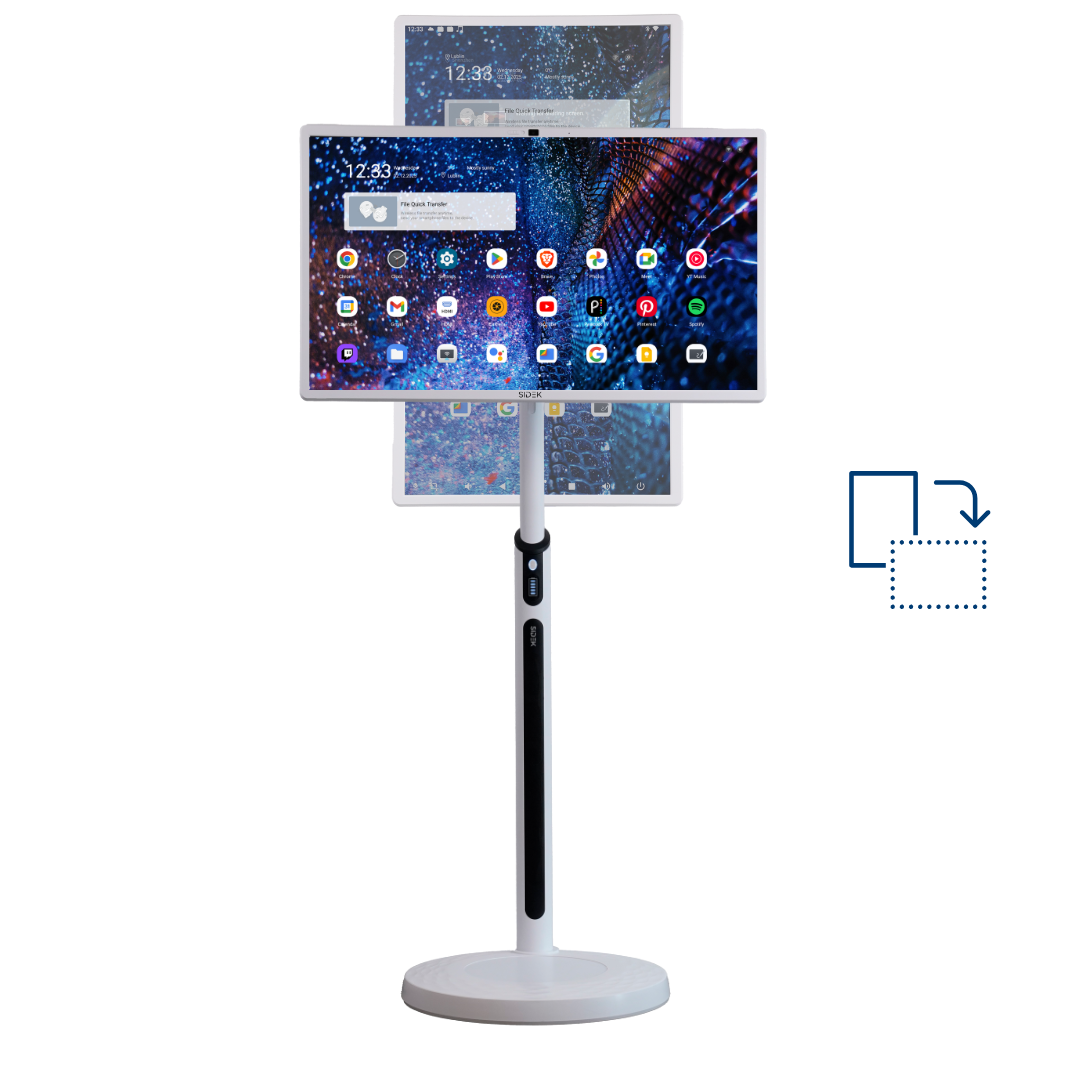  sidek itv smart display with a sleek white stand, showcasing its 180-degree rotation feature. the screen can switch between portrait and landscape orientations, providing flexible viewing and interactive functionality.